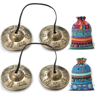 Imagem de Foilswirl 2 peças de pratos tibetanos Tingsha com 2 peças de sacos tibetanos de tecido com cordão de meditação sinos de meditação 2,56 pol/6,5 cm acessório de meditação feito à mão para ioga