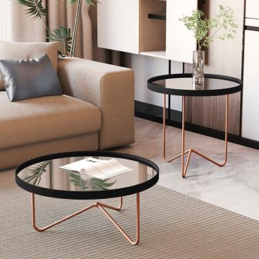 Imagem de Mesa de Centro com Borda em Couro Sintético com Espelho e Pés em Ferro Preto/Bronze