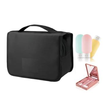 Imagem de Kit Viagem Necessaire Organizadora Bolsa De Viagem + 3 Frascos de Silicone para Shampoo, Condicionador Creme + Estojo de Maquiagem com Espelho, Higiene Pessoal, Cabide, GANCHO (Preto)