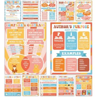 Imagem de QOUBAI 12 peças de pôsteres de sala de aula de compreensão de leitura Groovy arte em inglês quadro de avisos decoração de gráfico pôster de canto de leitura para decoração de parede do ensino