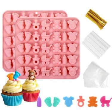 Imagem de 2 peças de kit de moldes de chocolate para chá de bebê, bolo de bolo, pirulito, doces duros, moldes de ventosa, moldes de silicone para doces tamanho mordida para festa de chá de bebê, com 100 peças