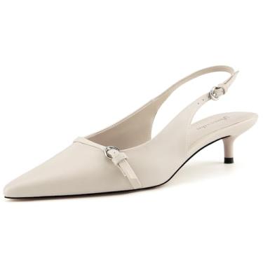 Imagem de Pomoxikn Sapatos femininos de salto gatinho sem cadarço estilosos com bico fino fechado, Creme, 38