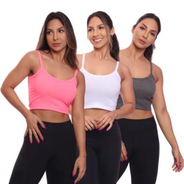 Imagem de Kit 3 Top Cropped Alcinha Canelado Feminino Lisa Básica - Brás e Cia, 