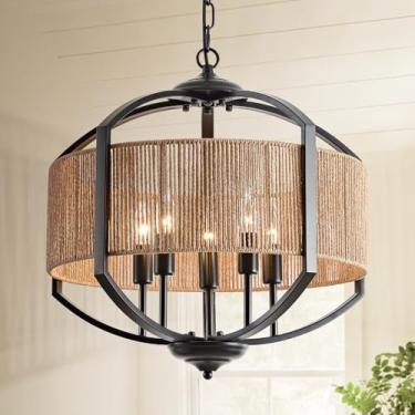 Imagem de InterMaka Lustre De Vime 19,7" Com 5 Luzes, Estilo Fazenda, Preto, Moderno, Para Sala Jantar, Pendente Cúpula Vime, Teto Suspenso Costeiro, Hall Entrada, Quarto, Cozinha E Estar