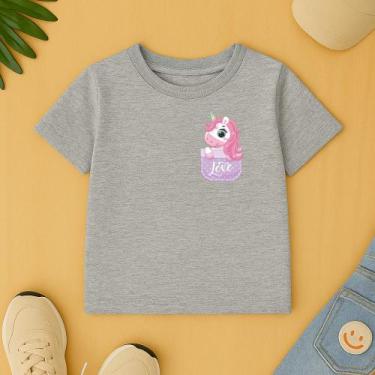 Imagem de Camiseta Infantil Feminina Estamp Unicornio No Bolsinho Fofo Elegante 