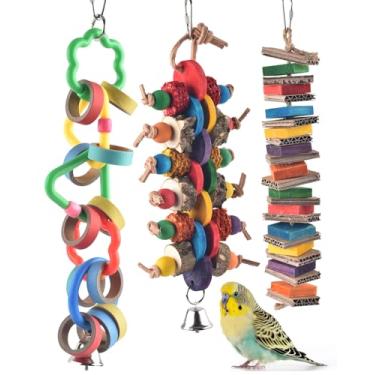 Imagem de Bissap 3 peças de brinquedos para mastigar pássaros, bagel multicolorido, cascata, pássaro, papagaio, papel mordendo, anéis olímpicos, brinquedos de conures para calopsitas da Amazon, cacatuas, araras