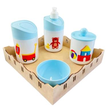 Imagem de Kit Higiene Baby Brinquedos Menino e Menina c/bandeja em MDF (Quadrada crua/azul)