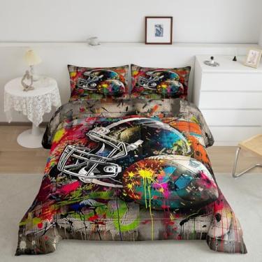 Imagem de jejeloiu Conjunto de edredom de futebol americano, tamanho casal, graffiti, rúgbi, para meninas, adolescentes e adultos, jogo de bola de futebol, edredom respirável, macio, leve de microfibra, 3 peças