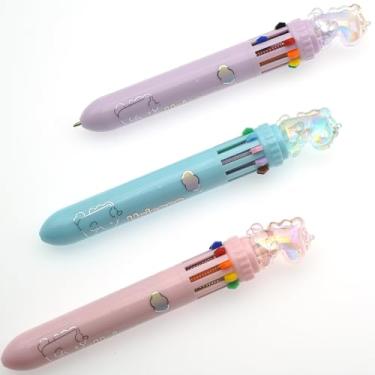 Imagem de YEEMO Pacote com 3 canetas multicoloridas, multifuncionais, 0,7 mm, 10 em 1, com pontas de cristal fofas, bolsa transparente, ideal para estudantes, escritório e presentes infantis (unicórnio de