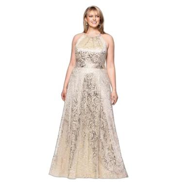 Imagem de Betsy & Adam Vestido feminino enrugado até o chão, estampa rosa, sem mangas, Champanhe/Ouro, 54