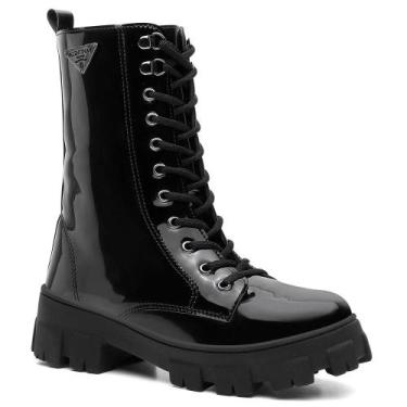 Imagem de Bota Coturno Feminina Verniz Cano Médio Cadarço Tratorada - Valentina 