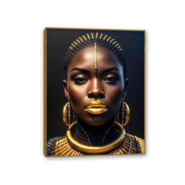 Imagem de Blackgold Arte de parede emoldurada mulher afro-americana pintura de menina negra pôster abstrato para sala de estar quarto decoração de casa 65 x 50 cm (26 x 19 pol) moldura de teca
