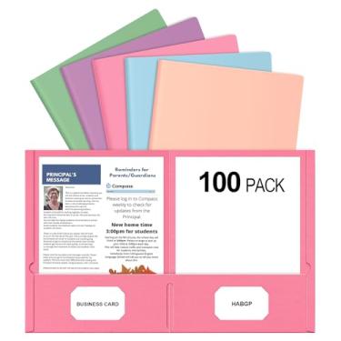 Imagem de Pacote com 100 pastas de arquivo coloridas com bolsos e porta-cartões de visita, pastas de bolso decorativas pastel para documentos, pastas de papel fofas para arquivo, escola, escritório, retomar