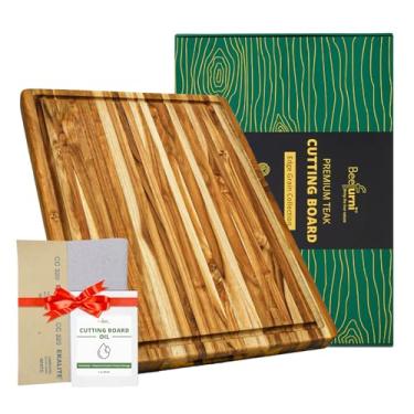 Imagem de BEEFURNI Tábua retangular de madeira de teca de verdade durável para cortar suco, acessórios de cozinha para queijo, charcutaria, jantar, bandeja de servir para corte frio, bloco grosso, grande