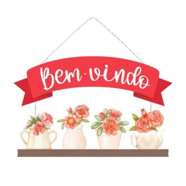 Imagem de Placa Decorativa Bem Vindo para Entrada Porta Parede com Flores - Escolha a Cor (Vermelho)