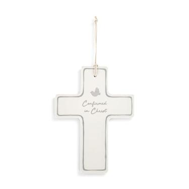 Imagem de DEMDACO Coleção Tender Blessings Confirmed in Christ Cruz de parede de grés 12 x 18 cm decoração religiosa para confirmação, casa ou escritório - Cruz vitrificada branca com pomba e escrita