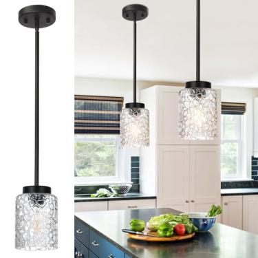Imagem de VINLUZ Pacote Com 2 Luminárias Pendentes Para Ilha De Cozinha, Lustre Teto Em Metal Preto Cúpulas Vidro Transparente Sala Jantar