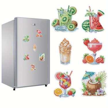 Imagem de 6 peças de ímãs de arte de diamante de geladeira para adultos, adesivos de pintura de diamante fáceis faça você mesmo, kits de arte de mini joias para decoração de casa, presentes artesanais (bebidas)