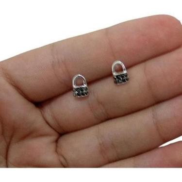 Imagem de Brinco Pedra Hematita Cadeado Pequeno 2 3 Furo F Prata Preto - De Cast