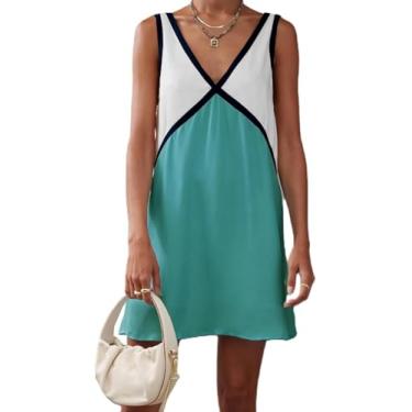 Imagem de Vestido Estético Vestido De Cetim Vestido De Praia Vestido De Verão Vestido Maxi Sem Mangas Decote V Bloco De Cor, Turquoise, M