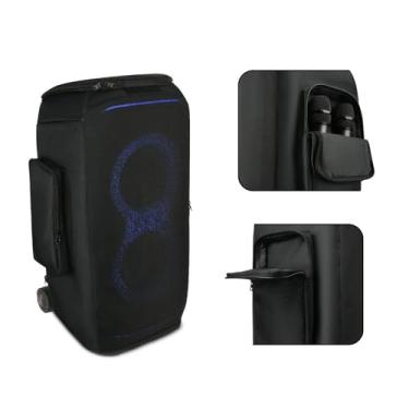 Imagem de SZZCNOX Capa protetora contra poeira para JBL Partybox Stage 320 caixa de som portátil de malha de nylon, bolsa de armazenamento de viagem para alto-falante com bolsos laterais duplos e faixa elástica