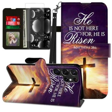 Imagem de BREIDMKFM Capa para Samsung Galaxy S24 Ultra com protetor de tela e suporte, suporte para cartão e alça de pulso, capa protetora magnética de couro flip para Samsung S24 Ultra, cruz da Bíblia de Jesus