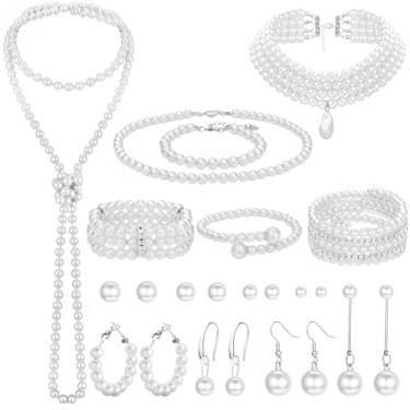 Imagem de NEWITIN Conjunto de 23 peças de joias de pérolas para mulheres, bijuterias, bijuterias, colar de pérolas falsas, brincos, conjunto de joias de casamento para mulheres noivas, Adjustable, Metal