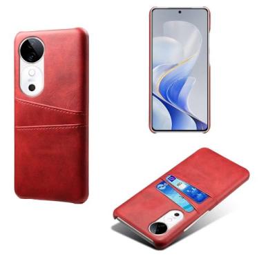 Imagem de Capas Compatível com VIVO S19 5G,Caso de couro PU-Tampa de telefone a prova de choque com 2 slots de cartão,Proteção anti-impressão digital e anti-gota-Red