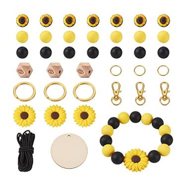 Imagem de FASHEWELRY Miçangas de silicone de girassol para fazer chaveiros, contas de margaridas de silicone de 15 mm com cordão elástico e chaveiros divididos, fechos giratórios para pulseira, 66 peças/caixa