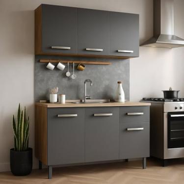 Imagem de Kit Cozinha 1,20m Balcão de Pia e Armário Aéreo 3 Portas com Divisória, Gabinete sem tampo (Freijó Grafite)