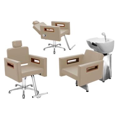 Imagem de Kit Salão de Beleza 1 Cadeira Fixa + 1 Reclinável Estrela + 1 Lavatório Base Inox Tunísia
