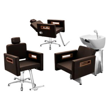Imagem de Kit Salão de Beleza 1 Cadeira Fixa + 1 Reclinável Estrela + 1 Lavatório Base Inox Tunísia