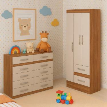 Imagem de Quarto Infantil com Cômoda 10 Gavetas e Guarda-Roupa 3 Portas e 2 Gavetas Ninho Castanho / Off White