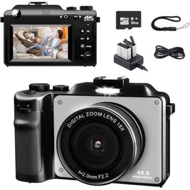 Imagem de Câmera Digital 4K para Fotografia, Câmera Vlogging de 48 MP para YouTube, cartão TF de 64 GB, tela LCD de 3", antirvibração, zoom digital de 18x, câmeras digitais compactas para viagens/adolescentes