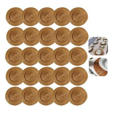 Imagem de Kit 25 Sousplat Redondo Rattan Bambu Mesa Posta Claro 32cm - MUNDIART