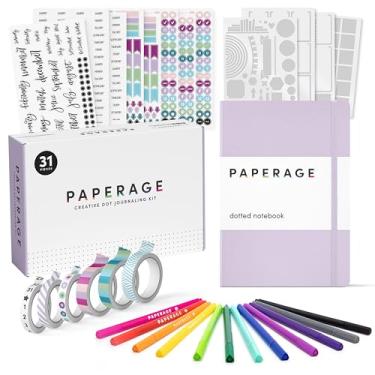 Imagem de PAPERAGE Kit de diário estilo bala, conjunto de diário pontilhado e kit de papelaria, caderno de diário pontilhado de capa dura (lavanda), 12 canetas fineliner, 8 adesivos e 4 folhas de estêncil, 6