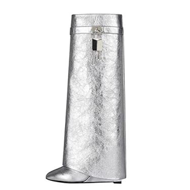 Imagem de Arqa Botas femininas dobráveis na altura do joelho com salto em cunha cobertas com cadeado bico amêndoa, bico largo, sem fecho, botas modernas, sapatos de festa, Prata, 35