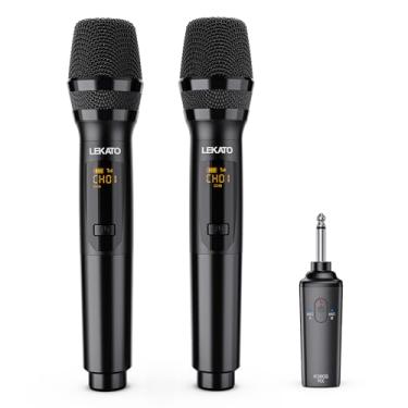 Imagem de LEKATO Microfones sem fio, microfones duplos profissionais para karaokê, casamento, conjunto de sistema de microfone dinâmico sem fio recarregável de metal com receptor, saída de 1/10.2 cm, microfones