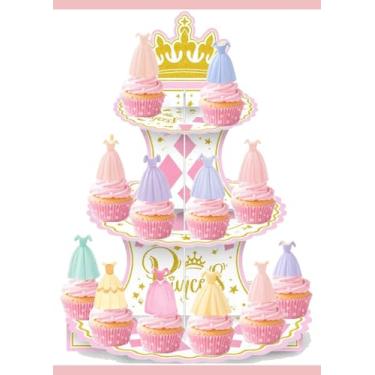 Imagem de Suporte de bolo de sobremesa princesa de 3 camadas com 24 topos de cupcake, decorações de suprimentos de festa rosa e dourado, torre de suporte de 28 cm para aniversário, casamento, festa de chá