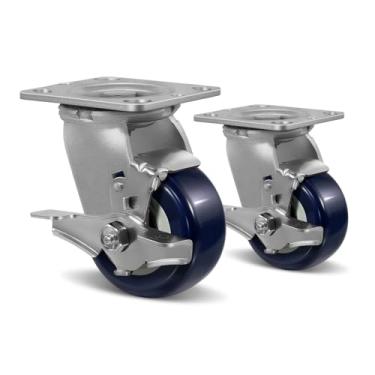 Imagem de FOVERSWIVE Rodízios industriais de 10 cm - rodízios resistentes, poliuretano em rodízios de poliolefina - capacidade de carga de até 544 kg, uso para carrinho U-boat, caminhão plataforma (2 freios)