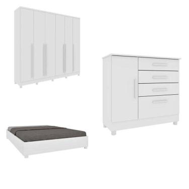 Imagem de CONJUNTO GUARDA ROUPA CASAL COM PUXADOR MDF PORTUGAL COM PÉS CAMA CASAL E CÔMODA ESPRESSO MÓVEIS Neve/Neve