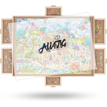 Imagem de ALL4JIG Quadro giratório de quebra-cabeça com 6 gavetas e capa, mesa de quebra-cabeça portátil de madeira de 71 cm x 101 cm para adultos, louca Susan giratória, pranchas, presente de aniversário para