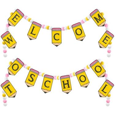 Imagem de Mindsoft 4 peças faixa de volta às aulas pompom de feltro 2,5 m bonito lápis banner bola de feltro bem-vindo de volta decorações de sala de aula composição caderno guirlanda para o primeiro dia de