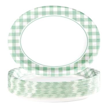 Imagem de 50 peças de pratos ovais de guingão verde 25,4 cm x 30,5 cm grandes pratos de papel xadrez verde e branco descartáveis materiais de festa verdes resistentes para aniversário, piquenique, churrasco,