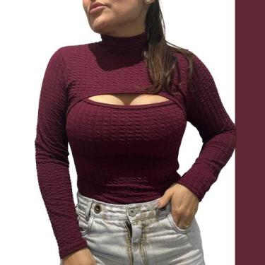 Imagem de Body Feminino Blusa Manga Longa Gola Alta Tecido Bubble Moda Gringa Bl