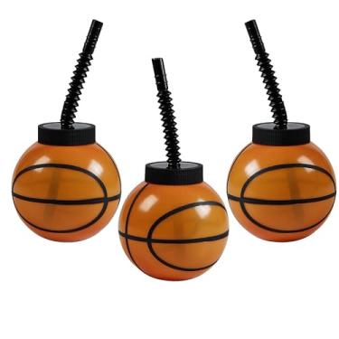 Imagem de Fun Express Copos de plástico de basquete laranja com tampas e canudos (400 ml) 8 peças - Perfeito para noites de jogos e festas esportivas