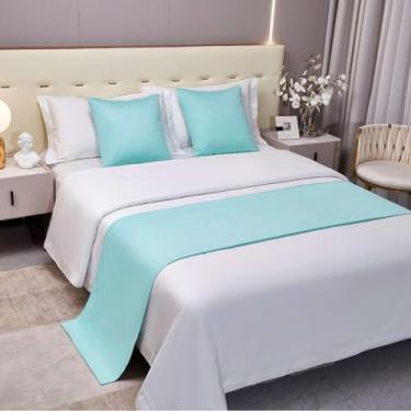 Imagem de Cachecol de cama de hotel luxuoso cor pura decoração de cama de qualidade simples proteção de cama casa de hóspedes toalha de cama macia para cama de solteiro queen king size azul claro ||50 x 210 cm
