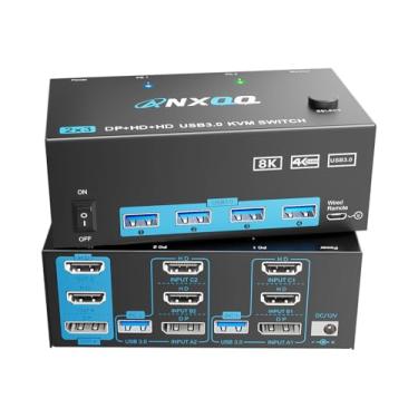 Imagem de KVM Switch 3 Monitores 2 Computadores, ANXQQ 8K @60Hz 4K @144Hz Monitor Switch para 2 computadores, KVM Displayport HDMI com adaptador de energia e controle remoto com fio
