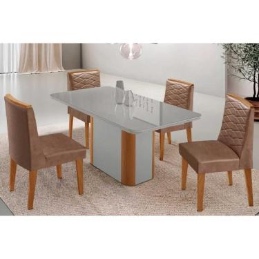 Imagem de Conjunto Sala de Jantar Pietá c/ Tampo Madeirado c/ Vidro Canto Curvo 120x80cm e 4 Cadeiras Maldivas Madeira Maciça Naturale/Off White - Capuccino/Cor