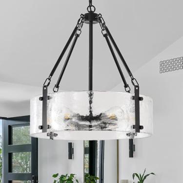Imagem de Viksroeo Lustre preto para sala de jantar 50 cm moderno lustre de vidro texturizado 6 luzes tambor cristal luminária vintage casa de fazenda redonda para cozinha ilha sobre mesa